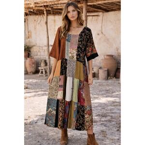 Donna Jessica Patchwork Kimono Dress‎ Women's One Size Plus Boho Artwear Maxi